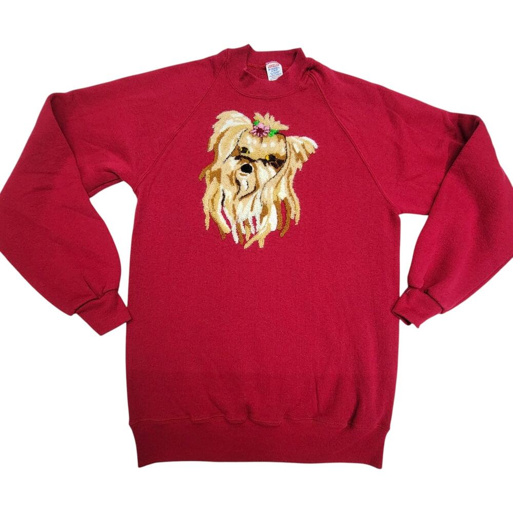 Vintage Jerzees Yorkie Dog Sweatshirt Womens M Red Tufted Punch Needle USA